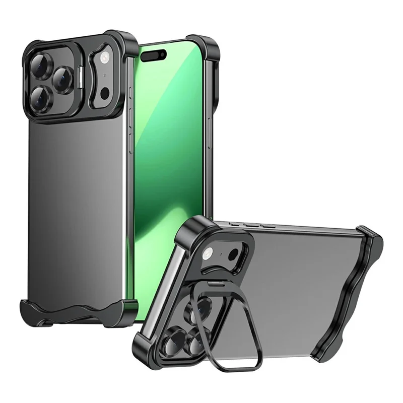 For iPhone 17 Pro Bumper Case Lens Kickstand Heat Dissipating Metal Corner Phone Cover - Black