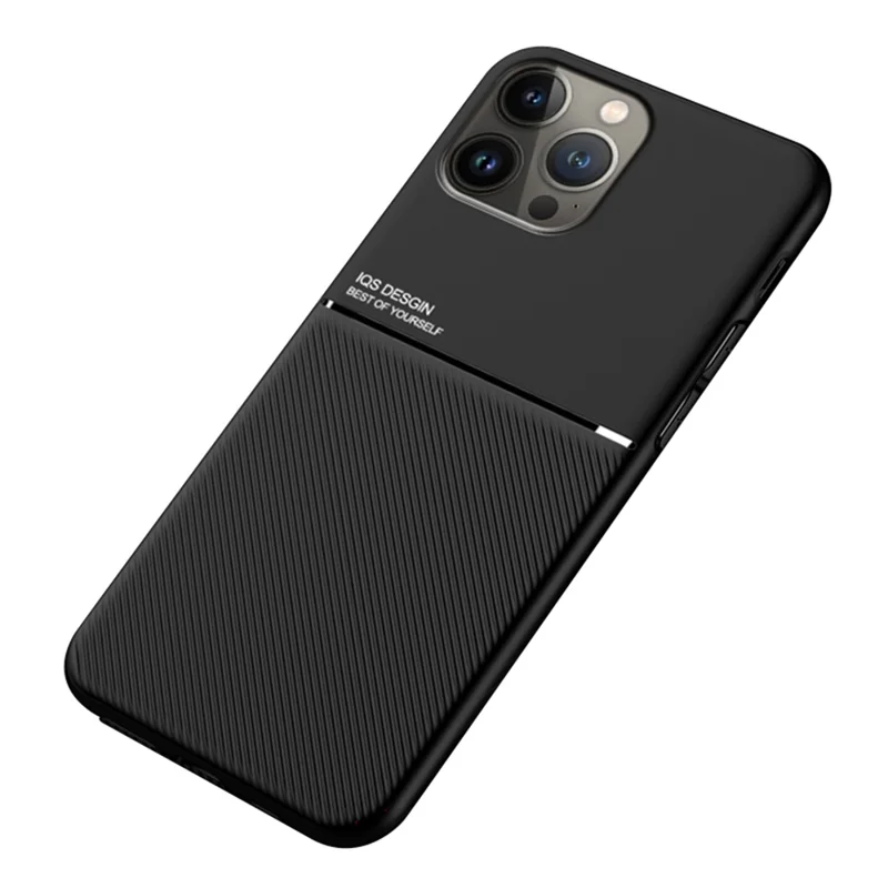 Shockproof Back Protector for iPhone 14 Pro Max, Lines Imprinted PU Leather+TPU Hybrid Shell with Built-in Metal Sheet - Black