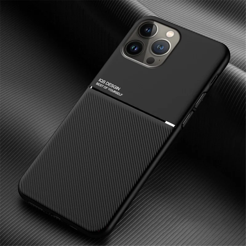 Shockproof Back Protector for iPhone 14 Pro Max, Lines Imprinted PU Leather+TPU Hybrid Shell with Built-in Metal Sheet - Black