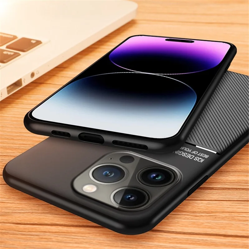 Shockproof Back Protector for iPhone 14 Pro Max, Lines Imprinted PU Leather+TPU Hybrid Shell with Built-in Metal Sheet - Black