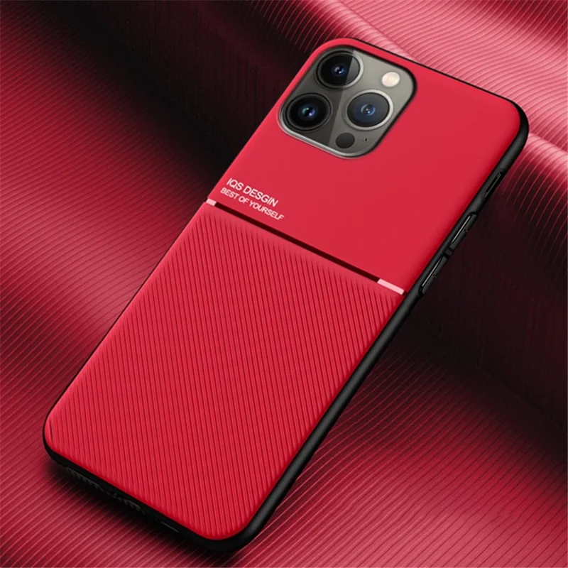 Shockproof Back Protector for iPhone 14 Pro Max, Lines Imprinted PU Leather+TPU Hybrid Shell with Built-in Metal Sheet - Red