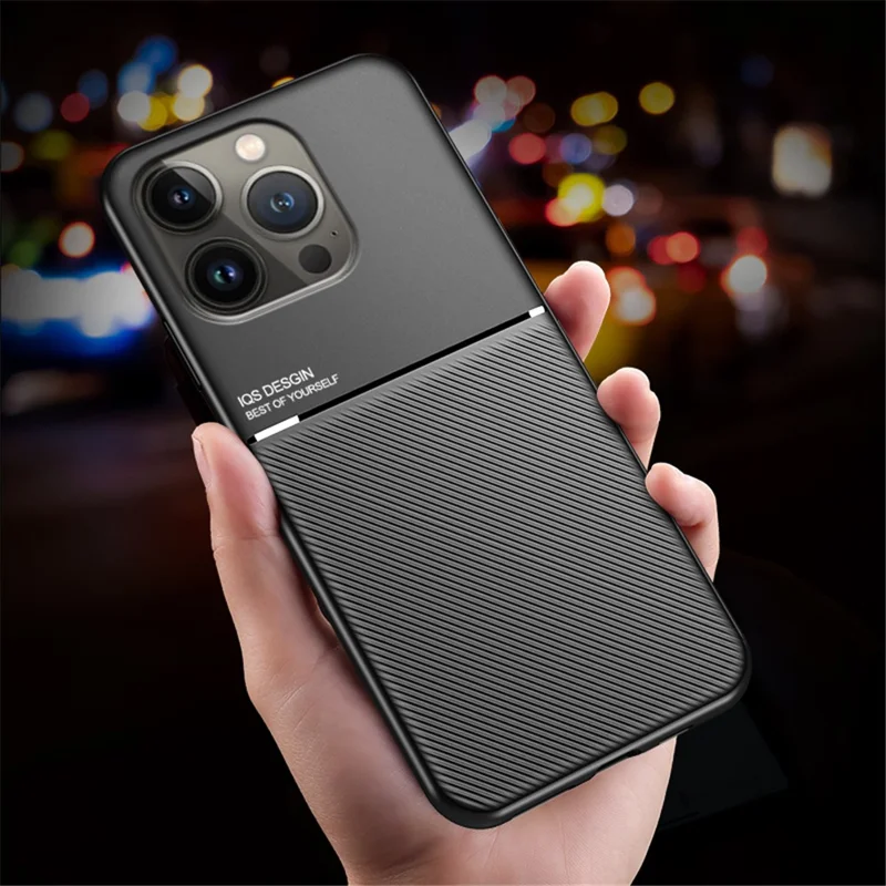 Shockproof Back Protector for iPhone 14 Pro Max, Lines Imprinted PU Leather+TPU Hybrid Shell with Built-in Metal Sheet - Red