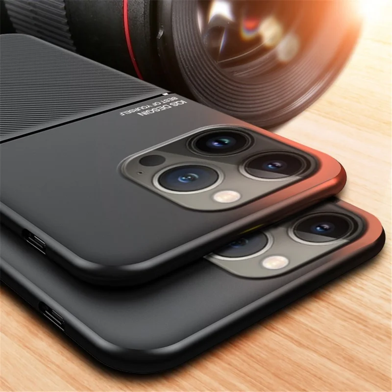 Shockproof Back Protector for iPhone 14 Pro Max, Lines Imprinted PU Leather+TPU Hybrid Shell with Built-in Metal Sheet - Red