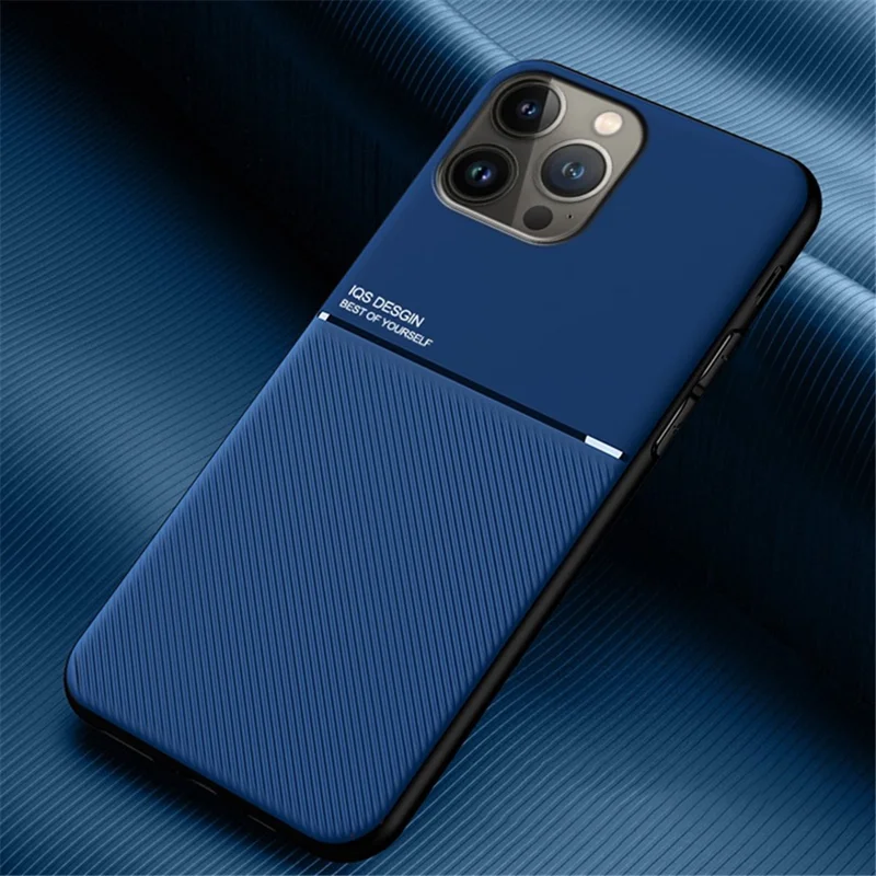 Shockproof Back Protector for iPhone 14 Pro Max, Lines Imprinted PU Leather+TPU Hybrid Shell with Built-in Metal Sheet - Blue
