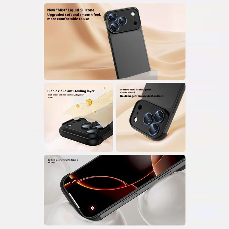 For iPhone 17 Pro Frameless Case Corner Edge Protection TPU Silicone Cover with Camera Lens Protector - Black