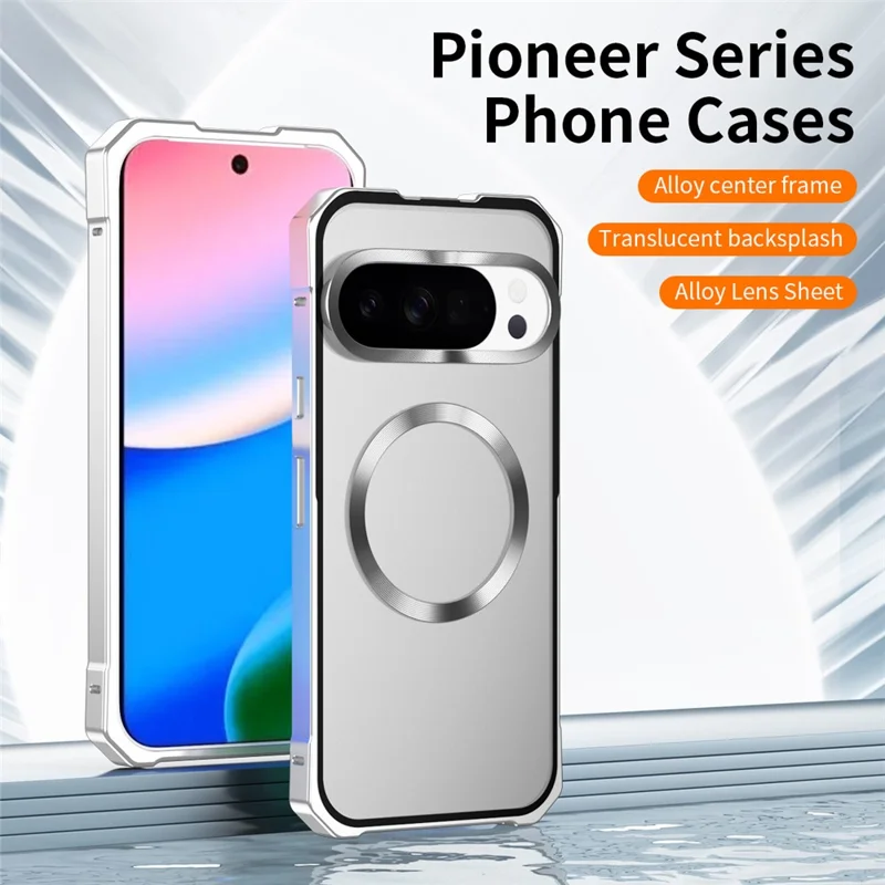 For Google Pixel 10 Pro XL Case Compatible with MagSafe Hard PC Metal Frame Frosted Phone Back Cover - Silver
