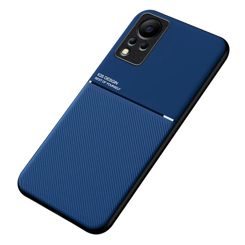 For Infinix Note 11 / Note 12 4G PU Leather+TPU Cellphone Guard Back Case with Built-In Metal Sheet Lines Imprinted Hybrid Shell - Blue