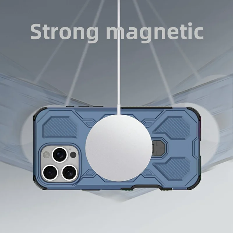 Achat en gros pour la coque magnétique iPhone 16 Pro Max avec support métallique rotatif en PC + TPU - Bleu foncé