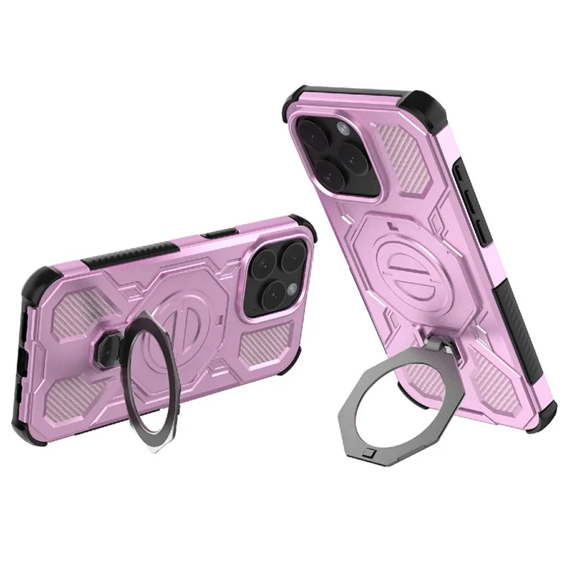 Bulk Purchasing For iPhone 15 Pro Magnetic Case Rotating Metal Kickstand PC + TPU Phone Back Cover - Pink