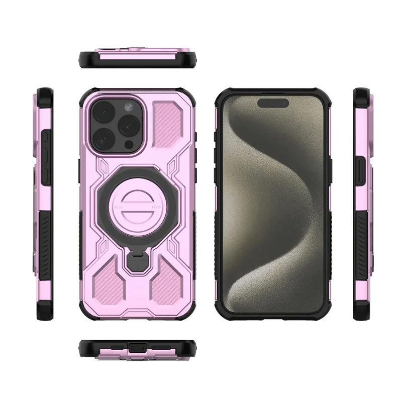 Bulk Purchasing For iPhone 15 Pro Magnetic Case Rotating Metal Kickstand PC + TPU Phone Back Cover - Pink