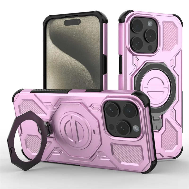 Bulk Purchasing For iPhone 15 Pro Max Magnetic Case Rotating Metal Kickstand PC + TPU Phone Back Cover - Pink