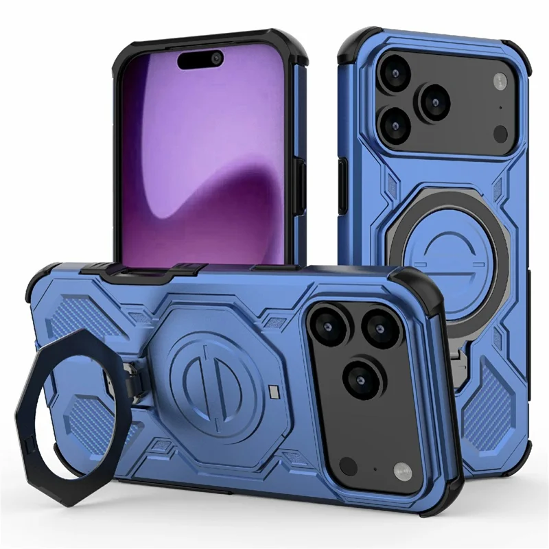 Bulk Purchasing For iPhone 17 Pro Max Magnetic Case Rotating Metal Kickstand PC + TPU Phone Back Cover - Dark Blue