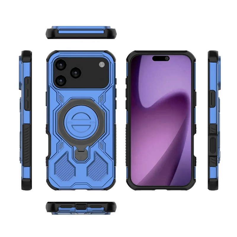 Bulk Purchasing For iPhone 17 Pro Max Magnetic Case Rotating Metal Kickstand PC + TPU Phone Back Cover - Dark Blue