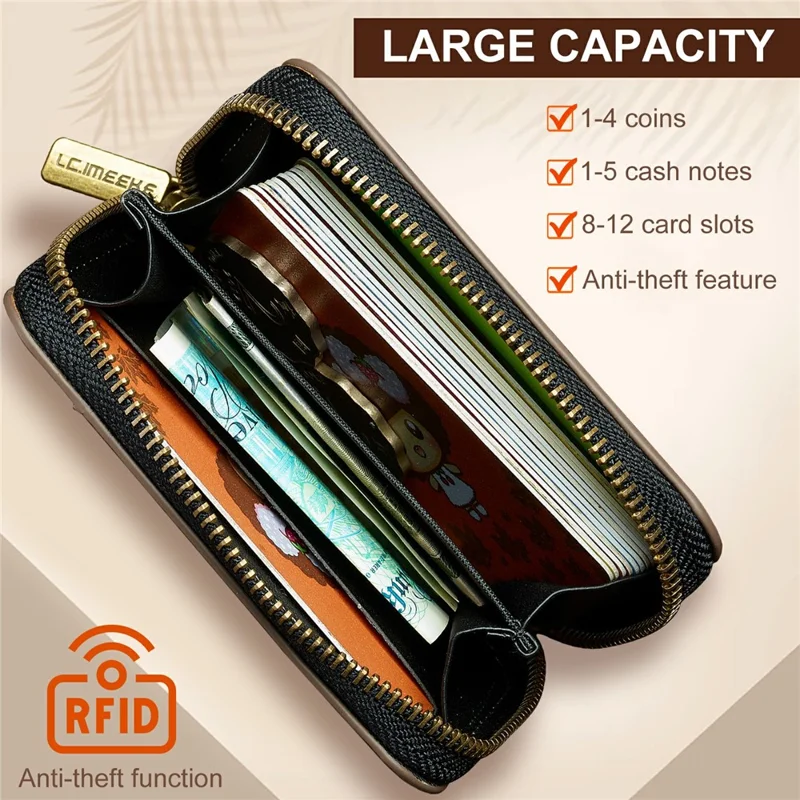 LC.IMEEKE L6 Zipper Wallet Case RFID Blocking Phone Magnetic Card Holder - Coffee