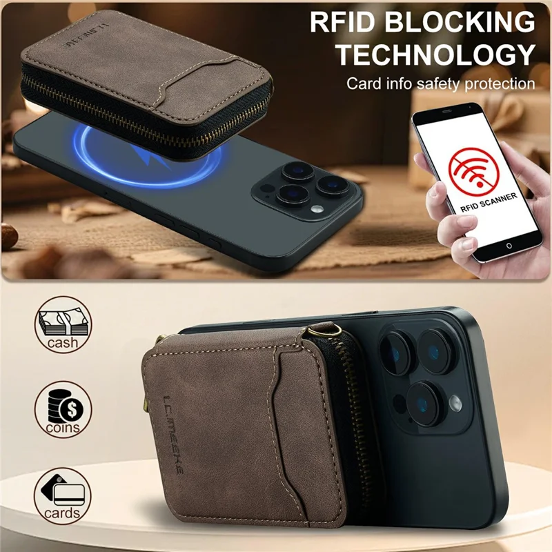 LC.IMEEKE L6 Zipper Wallet Case RFID Blocking Phone Magnetic Card Holder - Coffee