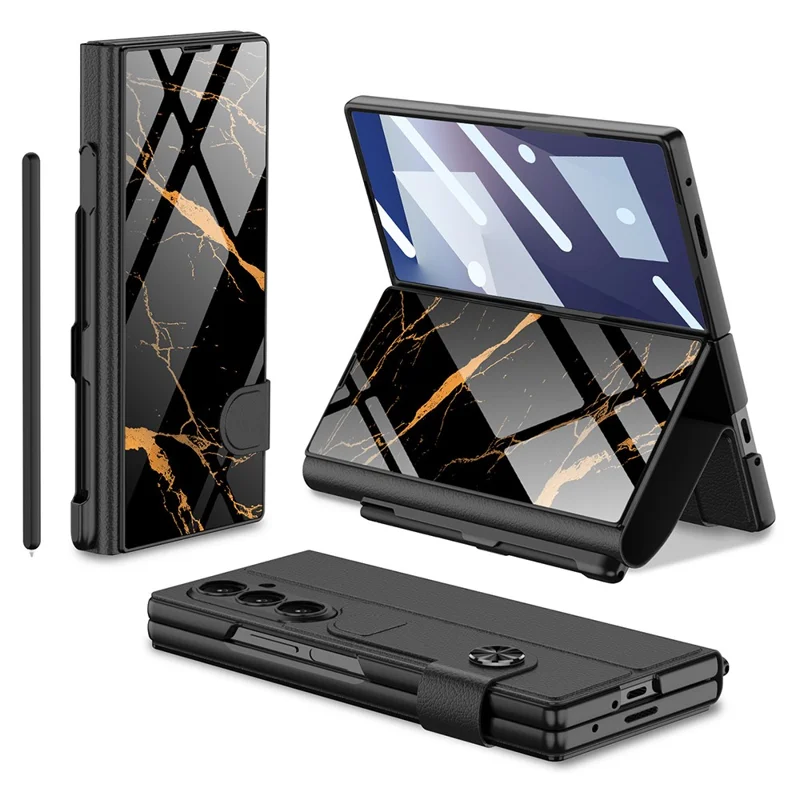 Capa para Samsung Galaxy Z Fold7 5G GKK com slot para lápis, PC rígido + PU + tampa de telefone de vidro temperado - Dourado / Preto