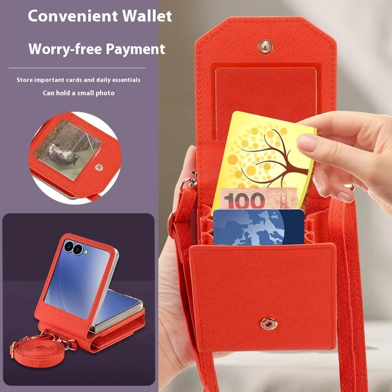 Pour Samsung Galaxy Z Flip7 5G Étui Pochette de Carte Support en Cuir PU PC Housse de Téléphone avec Sangle - Orange