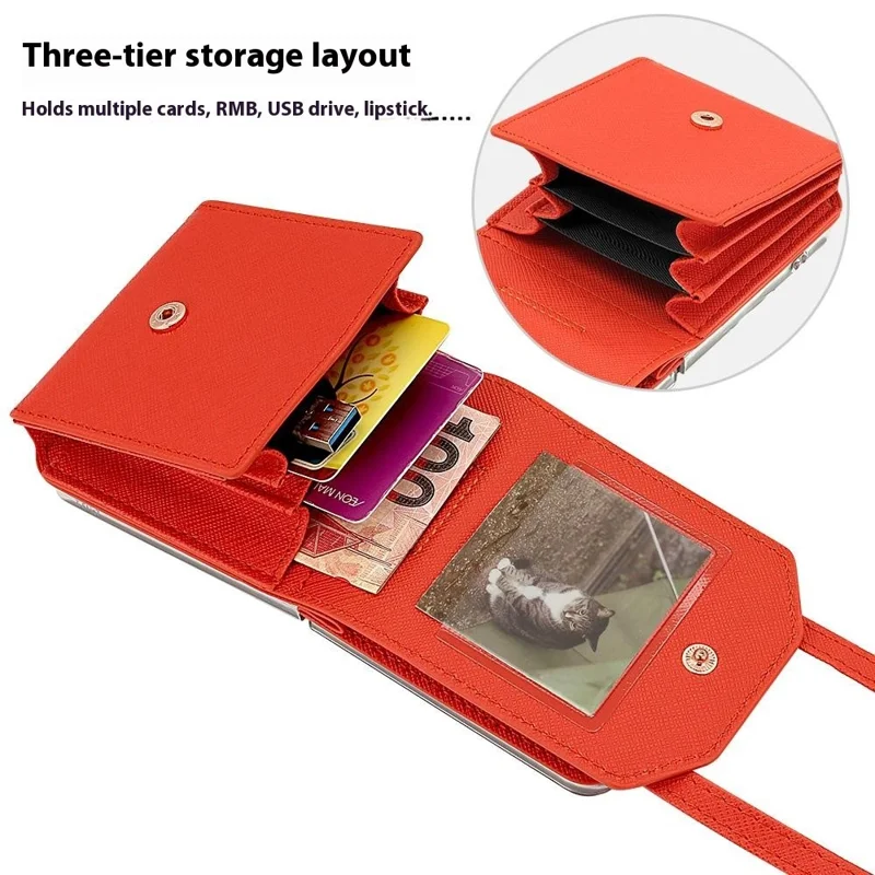 Pour Samsung Galaxy Z Flip7 5G Étui Pochette de Carte Support en Cuir PU PC Housse de Téléphone avec Sangle - Orange