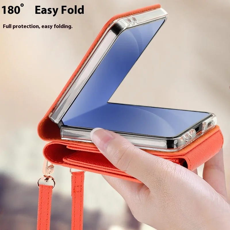 Pour Samsung Galaxy Z Flip7 5G Étui Pochette de Carte Support en Cuir PU PC Housse de Téléphone avec Sangle - Orange
