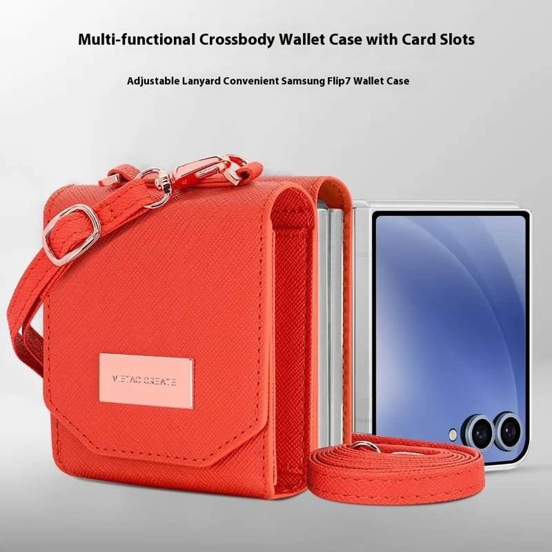 Pour Samsung Galaxy Z Flip7 5G Étui Pochette de Carte Support en Cuir PU PC Housse de Téléphone avec Sangle - Orange
