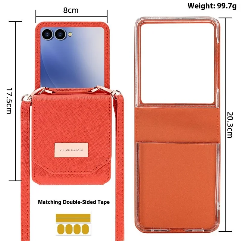 Pour Samsung Galaxy Z Flip7 5G Étui Pochette de Carte Support en Cuir PU PC Housse de Téléphone avec Sangle - Orange