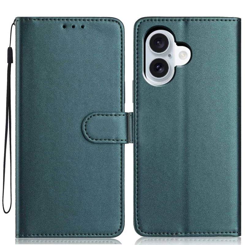 For iPhone 17 Wallet Case with Strap / Multiple Card Slots Solid Color Leather Stand Phone Cover - Blackish Green