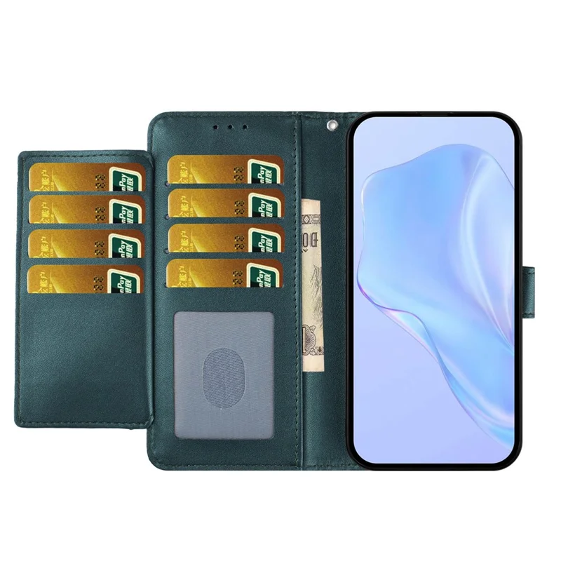 For iPhone 17 Wallet Case with Strap / Multiple Card Slots Solid Color Leather Stand Phone Cover - Blackish Green