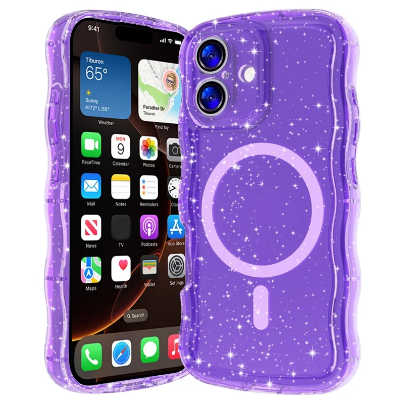 For iPhone 17 Magnetic Case Wave Edge Glitter TPU Phone Back Cover - Clear Rose Gold - Transparent Purple
