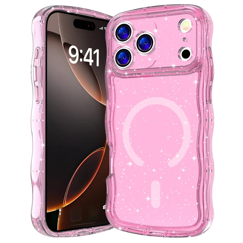 Capa Magnética para iPhone 17 Pro Onda Brilhante Glitter TPU Capa Traseira do Telefone - Rosa Transparente