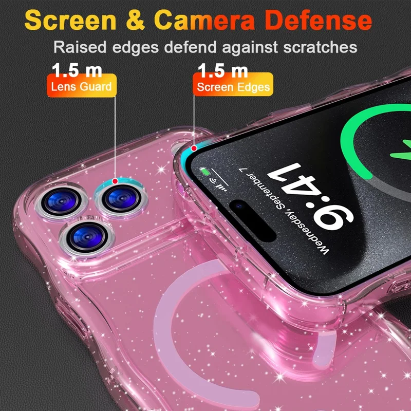 Capa Magnética para iPhone 17 Pro Onda Brilhante Glitter TPU Capa Traseira do Telefone - Rosa Transparente