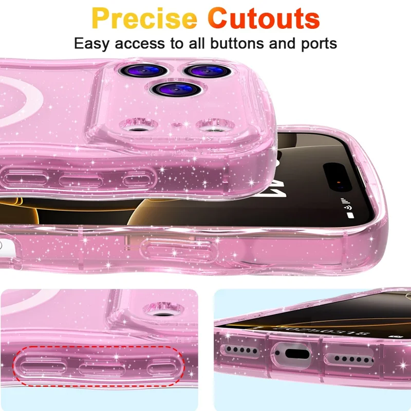 Capa Magnética para iPhone 17 Pro Onda Brilhante Glitter TPU Capa Traseira do Telefone - Rosa Transparente