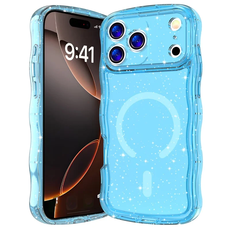For iPhone 17 Pro Magnetic Case Wave Edge Glitter TPU Phone Back Cover - Transparent Blue