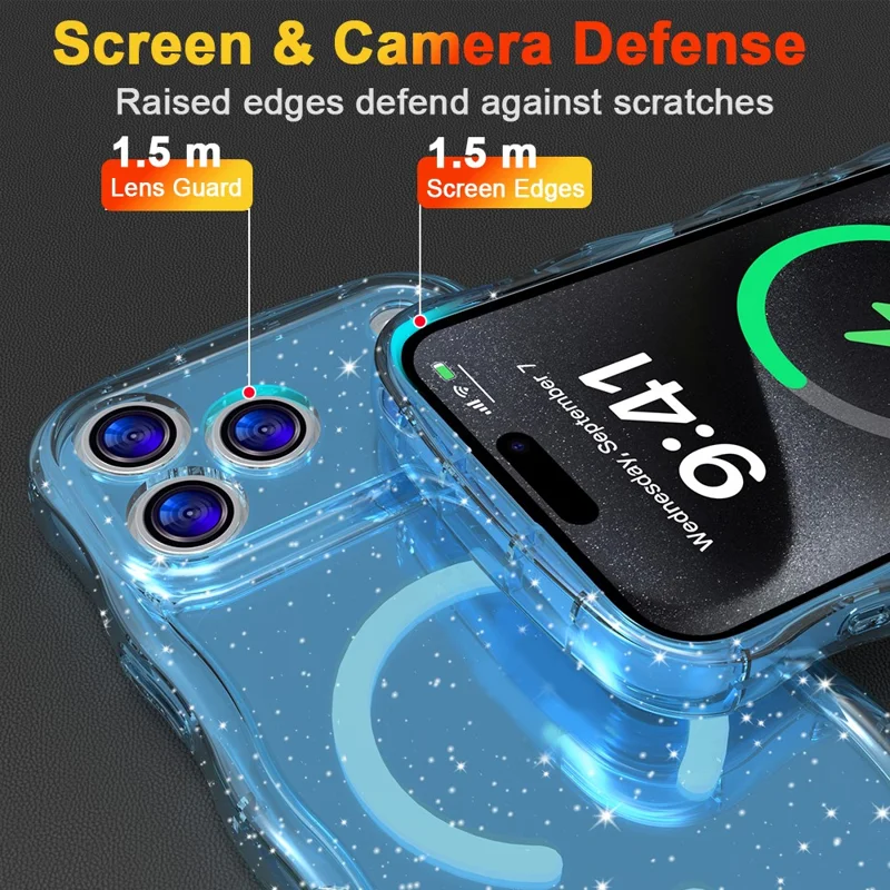For iPhone 17 Pro Magnetic Case Wave Edge Glitter TPU Phone Back Cover - Transparent Blue