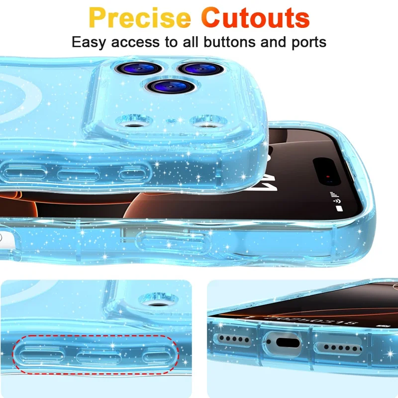 For iPhone 17 Pro Magnetic Case Wave Edge Glitter TPU Phone Back Cover - Transparent Blue