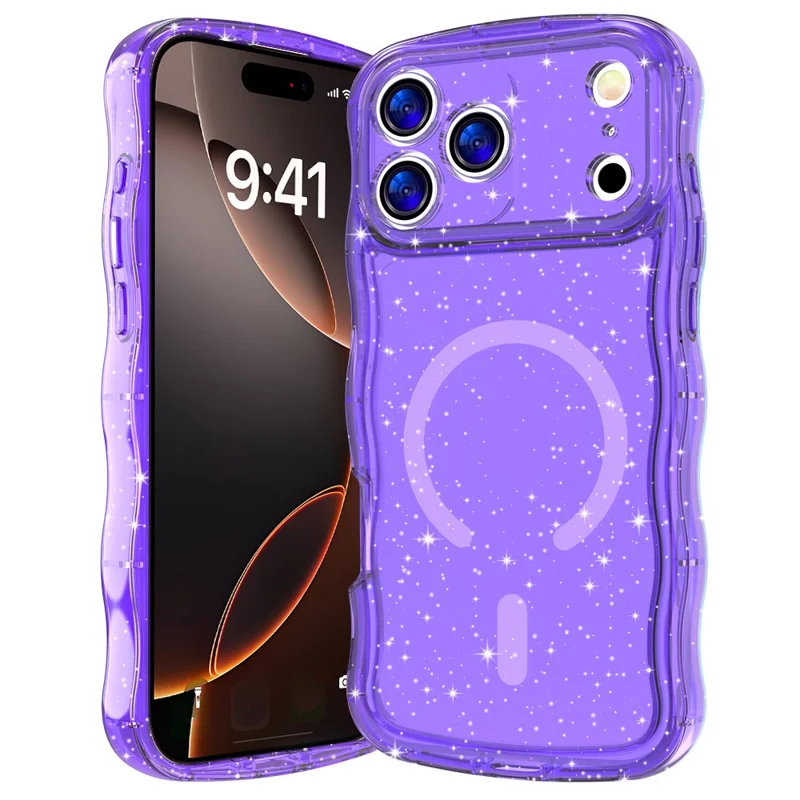 For iPhone 17 Pro Magnetic Case Wave Edge Glitter TPU Phone Back Cover - Transparent Purple