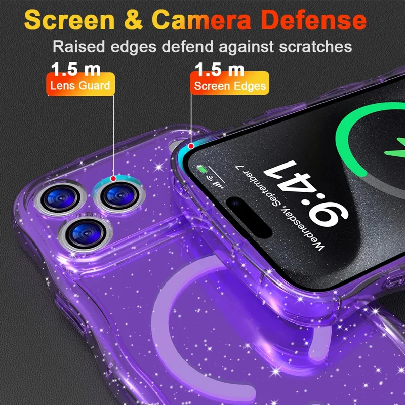For iPhone 17 Pro Magnetic Case Wave Edge Glitter TPU Phone Back Cover - Transparent Purple