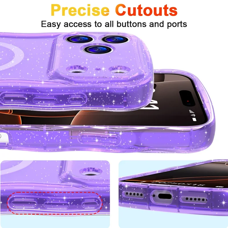 For iPhone 17 Pro Magnetic Case Wave Edge Glitter TPU Phone Back Cover - Transparent Purple