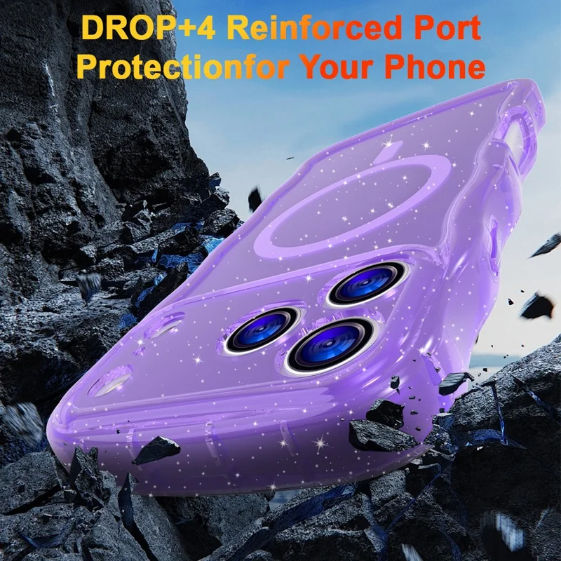 For iPhone 17 Pro Magnetic Case Wave Edge Glitter TPU Phone Back Cover - Transparent Purple