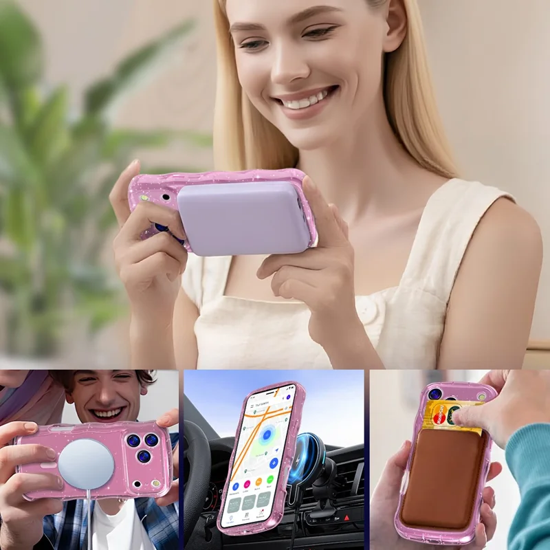 Capa Magnética para iPhone 17 Pro Max Onda Borda Glitter TPU Capa Traseira do Telefone - Rosa Transparente