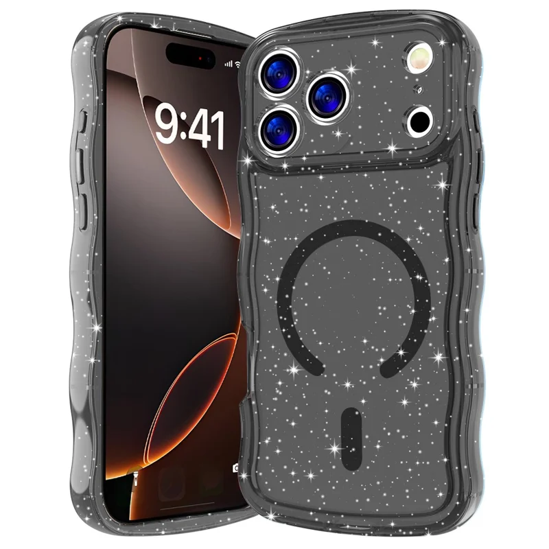For iPhone 17 Pro Max Magnetic Case Wave Edge Glitter TPU Phone Back Cover - Transparent Black