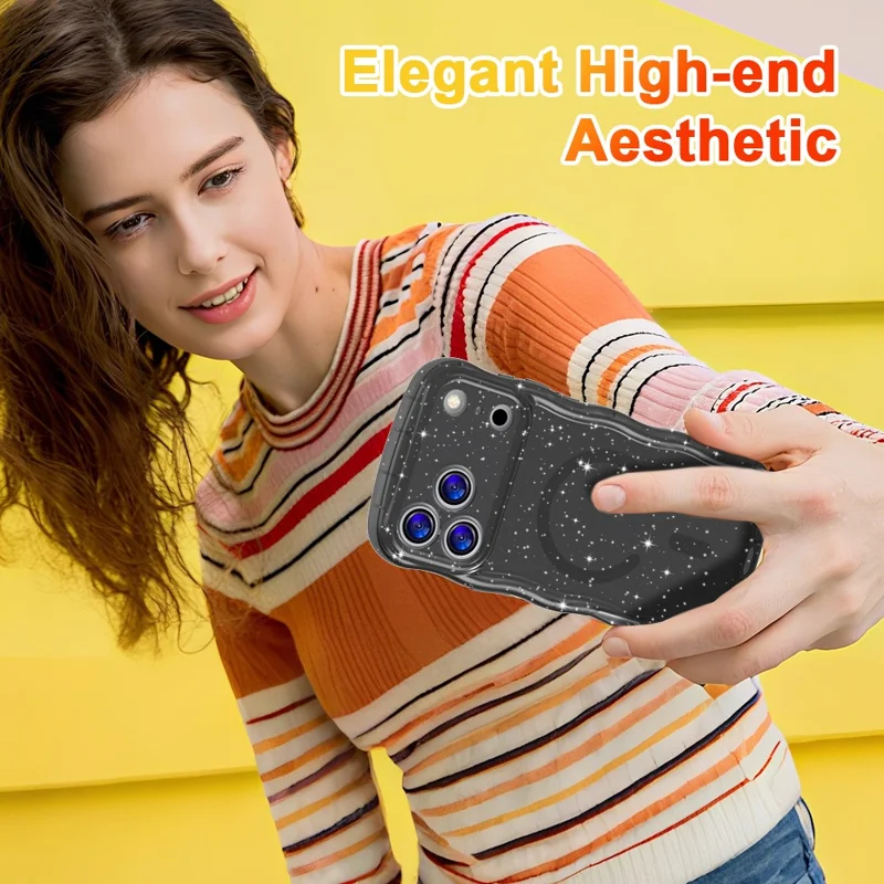 For iPhone 17 Pro Max Magnetic Case Wave Edge Glitter TPU Phone Back Cover - Transparent Black