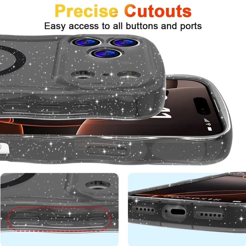For iPhone 17 Pro Max Magnetic Case Wave Edge Glitter TPU Phone Back Cover - Transparent Black