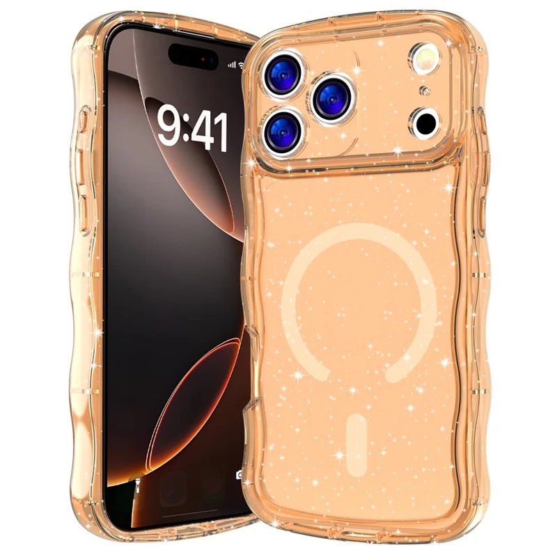 For iPhone 17 Pro Max Magnetic Case Wave Edge Glitter TPU Phone Back Cover - Rose Gold