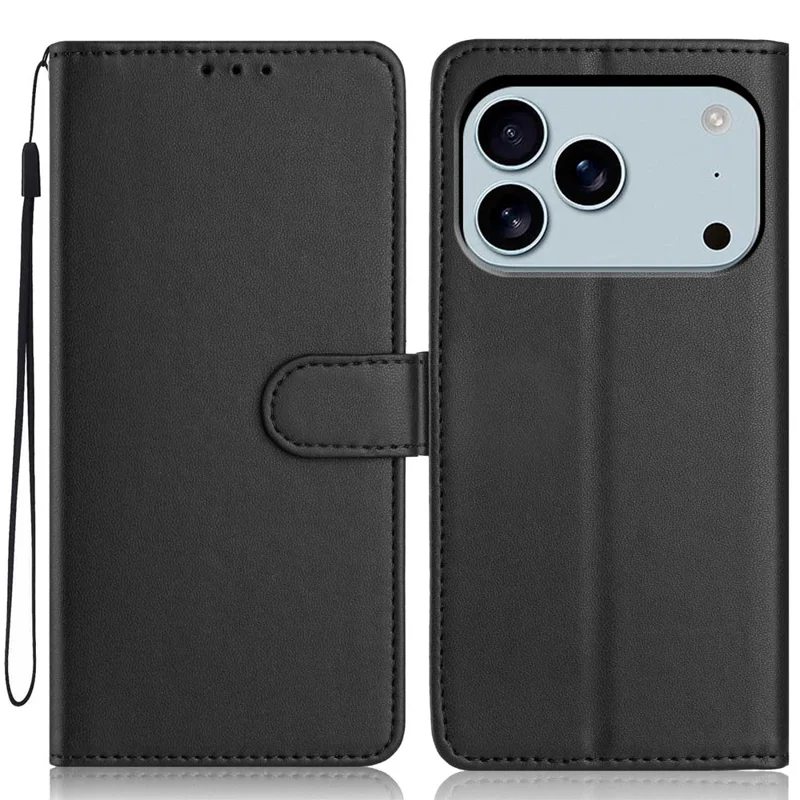 For iPhone 18 Pro / 17 Pro Wallet Case with Strap / Multiple Card Slots Solid Color Leather Stand Phone Cover - Black