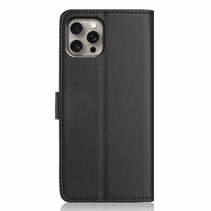 Funda de cartera para iPhone 15 Pro Max con correa / Múltiples ranuras para tarjetas Color sólido Funda de teléfono de cuero de pie - Negro