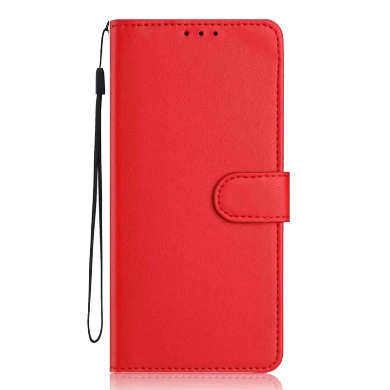 For iPhone 15 Pro Max Wallet Case with Strap / Multiple Card Slots Solid Color Leather Stand Phone Cover - Red