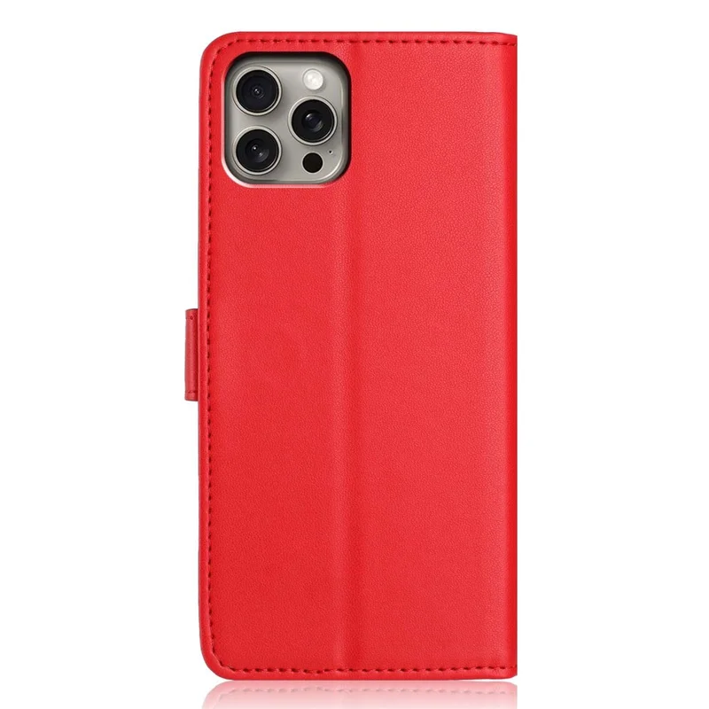 For iPhone 15 Pro Max Wallet Case with Strap / Multiple Card Slots Solid Color Leather Stand Phone Cover - Red