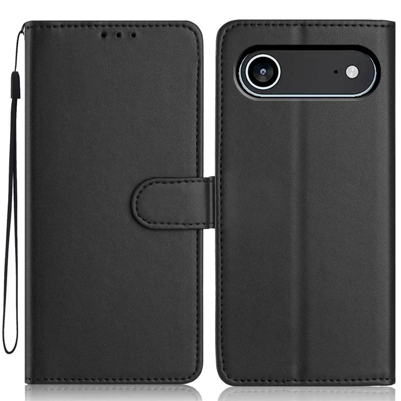 For iPhone Air Wallet Case with Strap / Multiple Card Slots Solid Color Leather Stand Phone Cover - Black