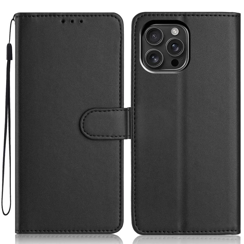 Funda de Cartera para iPhone 16 Pro Max con Correa / Múltiples Ranuras para Tarjetas Color Sólido Cubierta de Teléfono de Cuero con Soporte - Negro