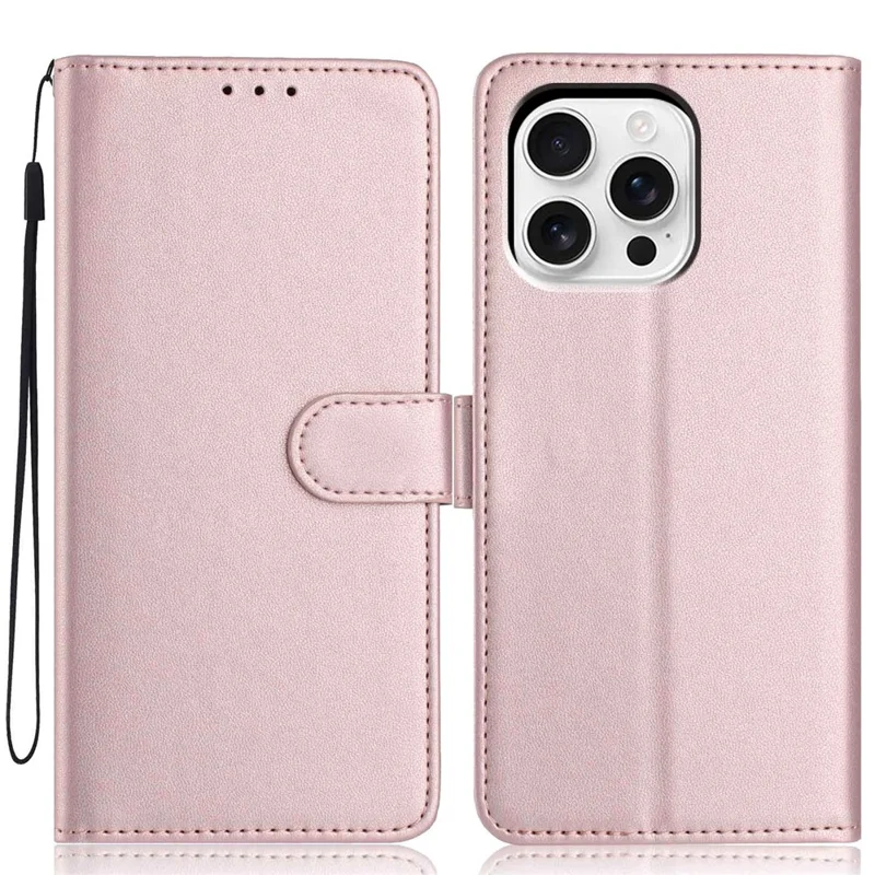 For iPhone 16 Pro Wallet Case with Strap / Multiple Card Slots Solid Color Leather Stand Phone Cover - Rose Gold